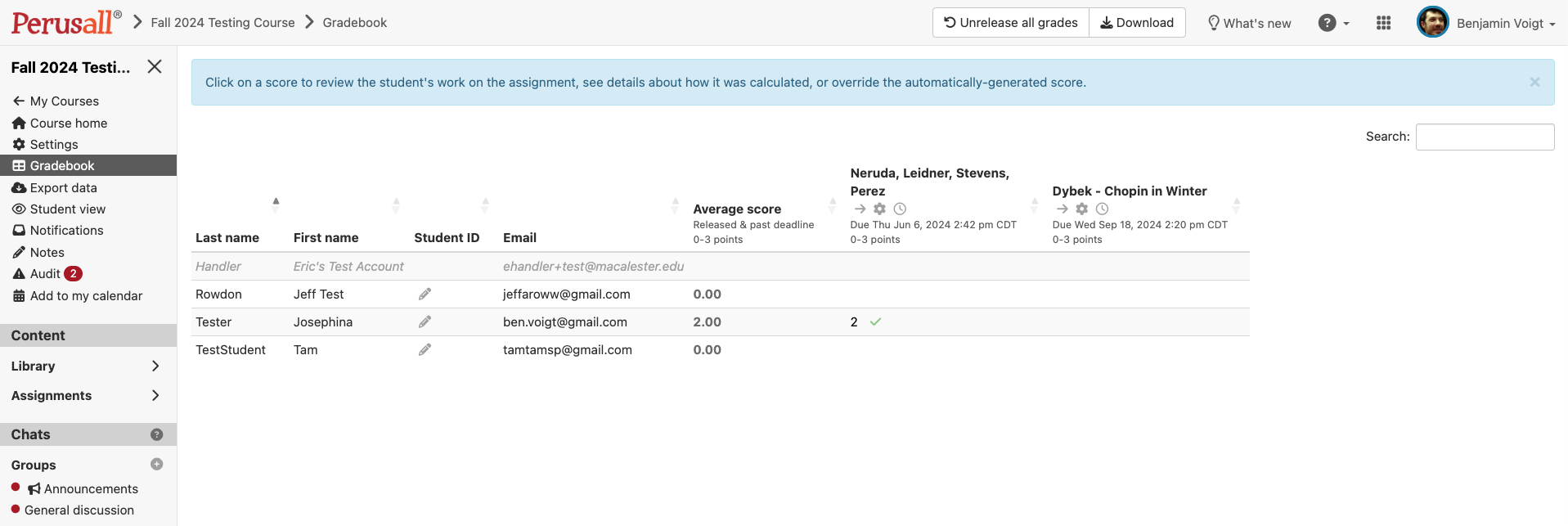 The Perusall gradebook